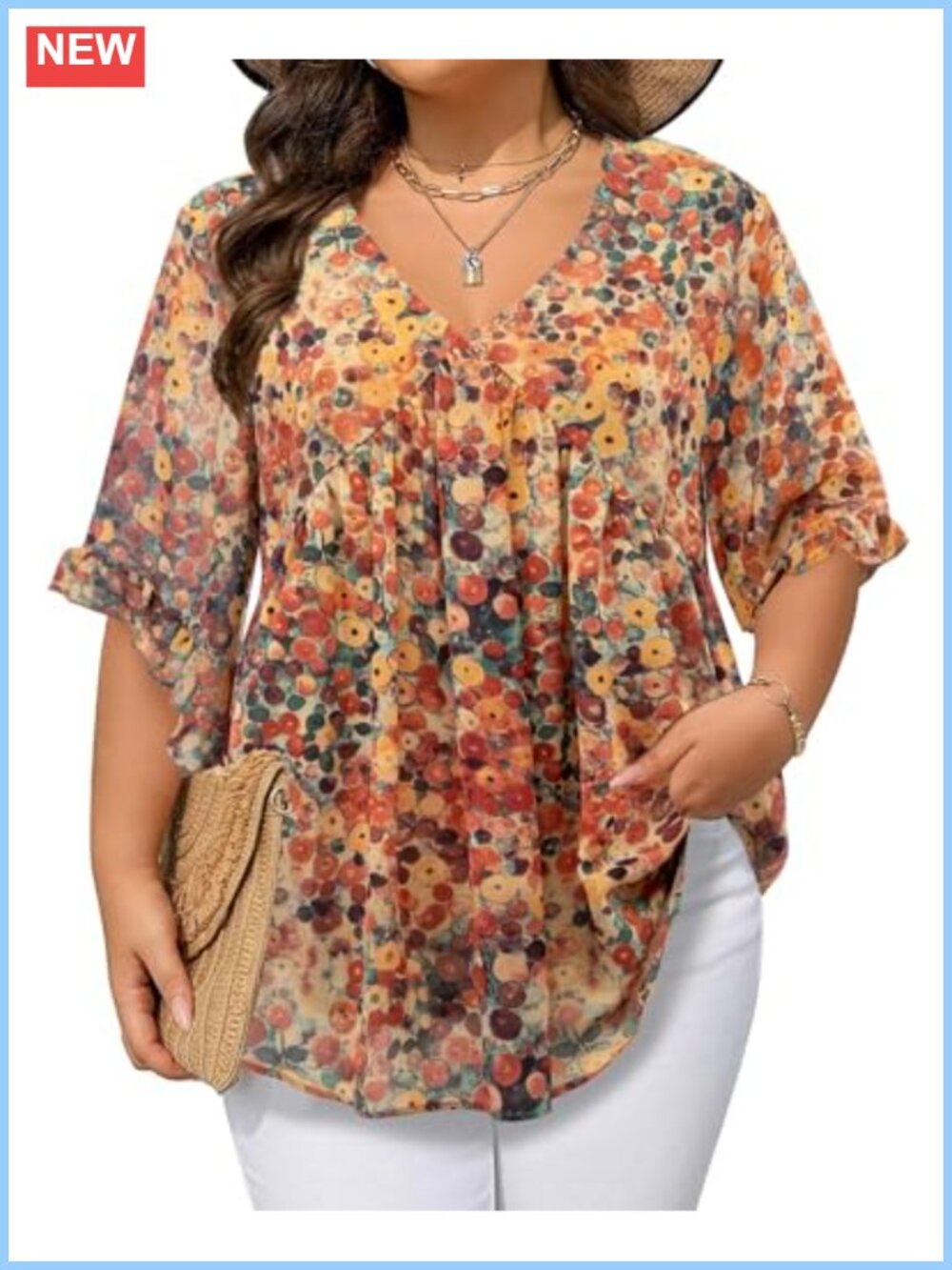 Plus Size Chiffon Blouse 3/4 Ruffle Sleeve V Neck Babydoll Tunic Top